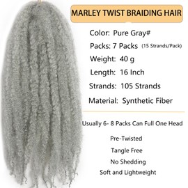 16 Inch Marley Twist Braiding Hair Pure Gray Marley Twist Hair Long Marley Hair for Faux Locs 7 Packs Afro Twist Hair Extensions (Pure Gray, 16INCH(pack of 7))