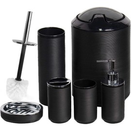CERBIOR Bathroom Accessories Set 6 Piece Bath Ensemble Includes Soap Dispenser, Toothbrush Holder, Toothbrush Cup, Soap Dish for Decorative Countertop and Housewarming Gift, Black