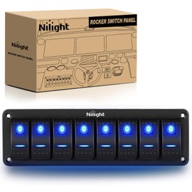 Nilight 8 Gang Aluminum Rocker Switch Panel Toggle Dash 5 Pin ON/Off Pre-Wired Rocker Switch Blue Backlit Switch for Automotive Car Marine Boat RV,2 Years Warranty