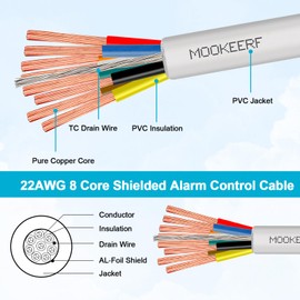 MOOKEERF 22 Gauge 8 Conductor Shielded Wire 50FT 22/8 22AWG Stranded Shielded Plenum Cable White CL3P Jacket for Security/Alarm/Access Control/Sound