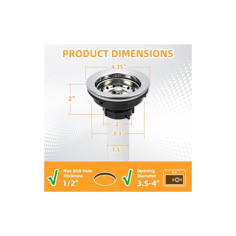 Kitchen Sink Drain Assembly, Stainless Steel Basket Strainer with Knob,