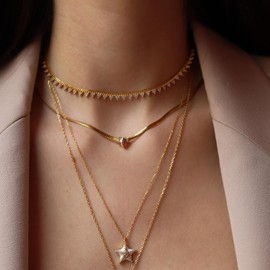 ANIZOXY Titanium Steel Purple Blue Brown Marquise Zircon 18K Gold Electroplated Necklace Snake Bone Necklace Fashion Common Luxury Choker Chain Multi Layered Necklace (Light Brown)