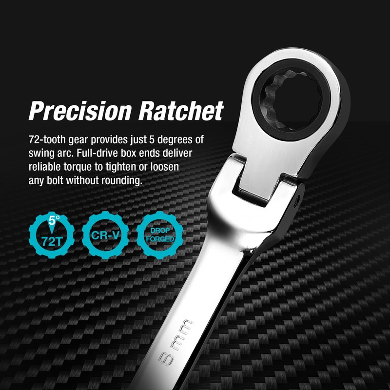 DURATECH 8mm Flex-Head Ratcheting Combination Wrench, Metric, 72-Tooth, CR-V Steel
