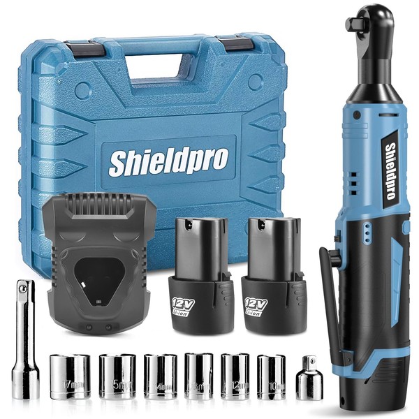 SHIELDPRO Cordless Electric Ratchet Wrench Kit,40Ft-lb 3/8" Power Ratchet Wrench 1-Hour Fast Charge,2 Packs 2000MA Lithium-Lon Battery,1/4 Adaptor,Extension Bar