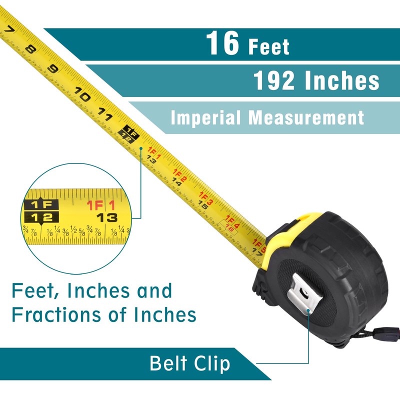 16ft Tape Measure with Fractions, 3/4" Wide Metal Blade, Compact