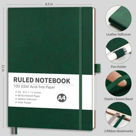 RETTACY Notebook Lined A4, Lightweight Journal Diary with 96 Numbered Pages, 100 gsm Notebooks, Inner Pocket, Soft Cover for Office, School, Work, Women, Men, 21.5 x 27.9 cm - Dark Green