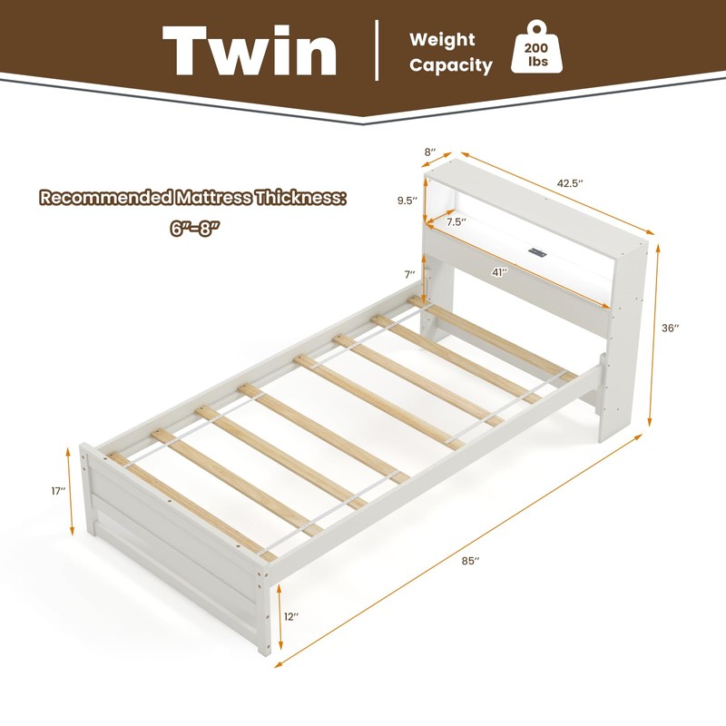 DORTALA Twin Bed Frame with LED Light & Charging Station,
