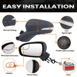Driver Side Mirror Compatible with Ford Fusion 2013-2016 Sedan S SE SE Hybrid, Power, Heated, with Turn Signal, Puddle Light, Blind Spot, Manual Folding, Replace ‎DS7Z17683BA (Left Gray Unpainted)