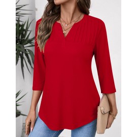 LOMON Womens Summer Tops Cute Solid Pleated 3/4 Length Sleeve Dressy Casual T Shirts Curved Hemline Shirts(Red,S)