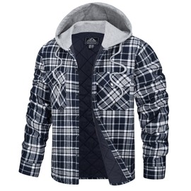 TACVASEN Men Flannel Shirt Jacket with Hooded Thicken Warm Quilted Lined Plaid Jacket Coat Button Up Hoodie Flannel Shirt Navy