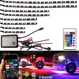 NBWDY 8pc Bluetooth RGB LED Car Motorcycle Glow Lights Flexible Neon Strip Waterproof Kit,IP 68 Waterproof with RF Wireless Remote
