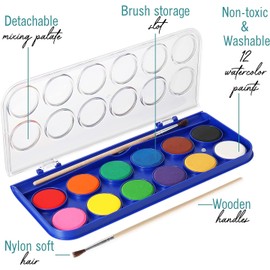2 Pack Watercolor Paint Set 12 Vivid Colors Includes Watercolour Mixing Palette and 2 Brushes, Perfect For Artists, Beginner Painters, Kids and Adult Painting
