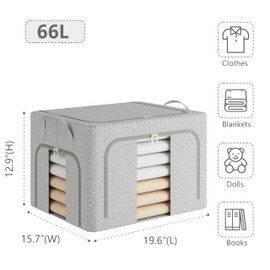 Pinkpum 3 Pack Clothes Storage Bins with Metal Frame, Closet Organizers and Storage Boxes, Stackable & Foldable Clothes Organizer Bags with Large Clear Window & Long Carry Handles, Grey Pattern 66L