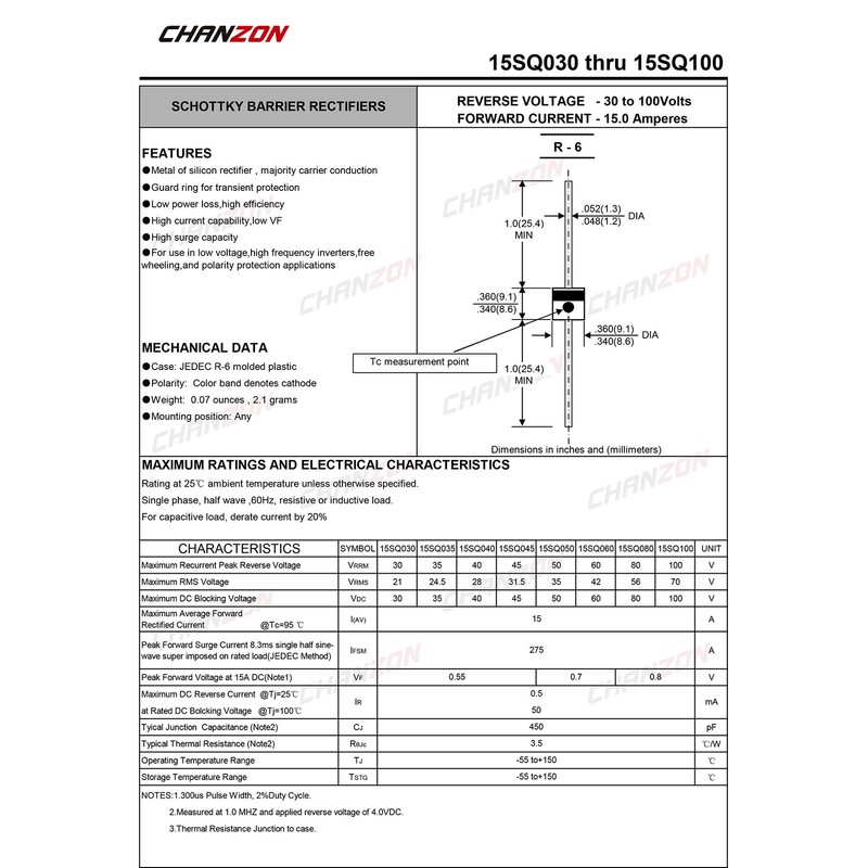 Chanzon 15SQ045 Schottky Diodes 15A 45V R-6 Axial 15 Amp