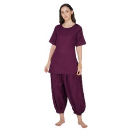 AKISO women Chakra Yoga Set Of 2 (Top & Pants) 100% Cotton Long Kurta Type Top Mid Waist Pants Elasticised Back Relaxed Fit | Size : M Purple