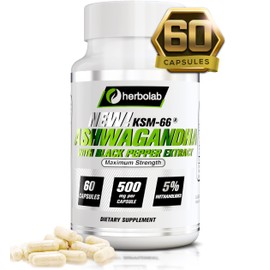 herbolab Ashwagandha KSM 66 15:1 with Black Pepper Extract (Higher Absorption) Max Potency Full Spectrum 5+% Withanolides