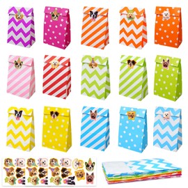 ZOODAMAI 30Pcs Party Favor Bags with Stickers Colorful Paper Checked Gift Kraft Paper Gift Bag for Birthday Party Baby Shower Holiday Celebration (4lb: 9.4 x 5.1 x 3.1 Inch)