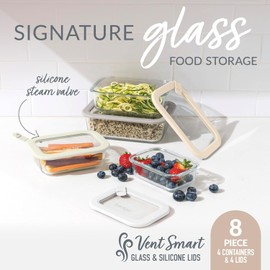Bentgo Signature Leak-Proof Glass Food Storage - 8-Piece Set, 1-Compartment Plastic-Free Containers with Airtight Glass Lids, BPA-Free, Microwave, Freezer, Oven & Dishwasher Safe (White Stone)