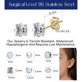 Staligue 5MM Titanium Earrings for Women men,20G Titanium Stud Earrings for Sensitive Ears Hypoallergenic Opal Pearl Cubic Zirconia Small Surgical Steel Earrings Silver Stud Earrings Set for women
