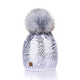 MFAZ Morefaz Ladies’ Knitted Worm Winter Hat, Crystal Pebble Ski hat with Large Fur Pom-pom -