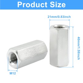Moicstiy - Tuercas de acoplamiento hexagonales M12 x 1,75 de paso de 40 mm de longitud, tuercas de acoplamiento de varilla de acero inoxidable (métrica)