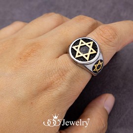 555Jewelry Stainless Steel Mens Ring Six Point Hexagram Star of David Rings for Men Large Round Signet Ring Jewish Band Ring Religious Star Ring | SilverGold | US Size 13