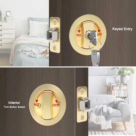 Dontay Pocket Door Keyed Lock with Handles, Round Contemporary Entrance Sliding Barn Door Lock Latch, Recessed 2 Sided, 2-3/8 inch Backset, Flush Handles Hardware (2, Satin Brass)