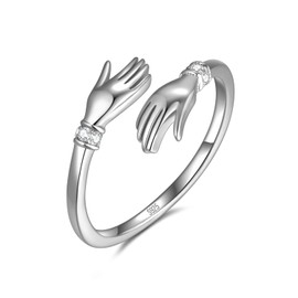 Hugging Ring Made of 925 Sterling Silver, Hugging Hands Design with Sparkling Zirconia Stones, "Expression of Affection and Love", Ring for Women and Women Made of Real Silver, Precious metal stone