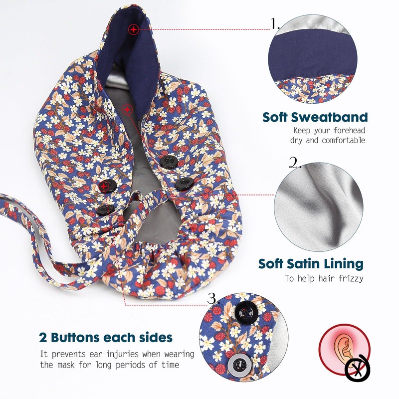 2 Pack Satin Lined Scrub Caps with Buttons & Sweathand,