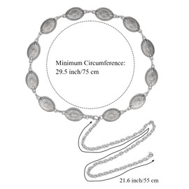 WAYLIT Western-Concho-Belt-Women Cowgirl-Metal-Belts Boho Silver Vintage Turquoise Chain Belt for Dress Jeans (Solid Silver, Length 51.1" (29.5"+extended chain 21.6"))