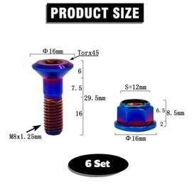 RISON-Titanium Set of 6 Titanium Chainring Bolts M8, Pinion Screws and Nuts Kits, Chainwheel Bolt Set and Locking Flange Nuts Universal for Motorcycles, MTB Road Bikes