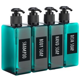 Segbeauty 4 botellas vacías de champú, botella cuadrada de plástico de 9.5 onzas, recargable, dispensador de loción verde, contenedor de maquillaje con etiquetas para viajes, baño, hotel, cocina, lavabo, aparador