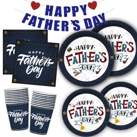101PCS Father’s Day Paper Plates and Napkins(Jeans Style,Serves 25),Father's Day Decorations Includes Paper Plates,Napkins,Cups and Banner