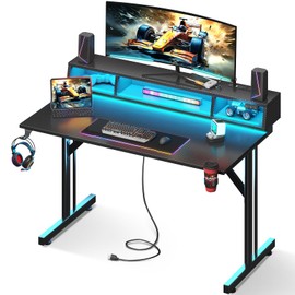 MOTPK 40 inch Gaming Desk with LED Lights & Power Outlets, Small Computer Gaming Table with Float Monitor Stand, Kids Boys Desk with Carbon Fiber Texture