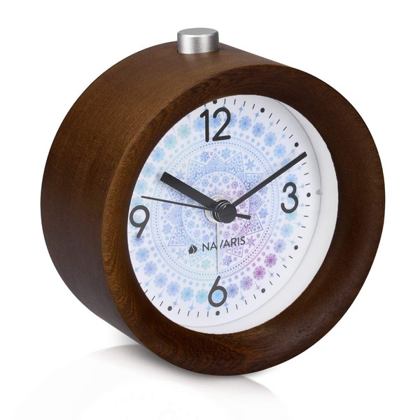 Navaris Analogue Wooden Alarm Clock with Snooze - Retro Clock Round with Design Dial Alarm Light - Silent Table Clock without Ticking - Natural Wood in Dark Brown