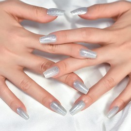 Pretty Glitter Finished Shiny Silver Press On Nails Medium Length Coffin False Nails Women Girls Nail Art Tips Salon DIY Manicure Reusable Fake Nails for Daily Office Home