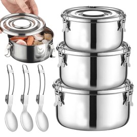 GOMETY Food Storage Containers Stainless Steel with Lid, Pack of 3, Premium Lunch Box Children, 500 ml + 1000 ml + 1500 ml with 3 Spoons, Leak-Proof Stainless Steel Container, Perfect for Camping