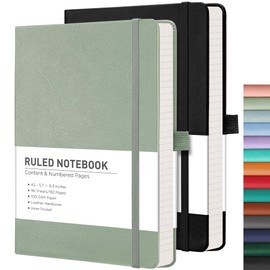 RETTACY Lined Journal Notebook, 2-Pack, 192 Numbered Pages per Pack, A5 Medium Size (14.5 × 21 cm), for Men & Women, Writing, Work, Leather Hardcover, 100 GSM Thick Paper (Black & Light Green)