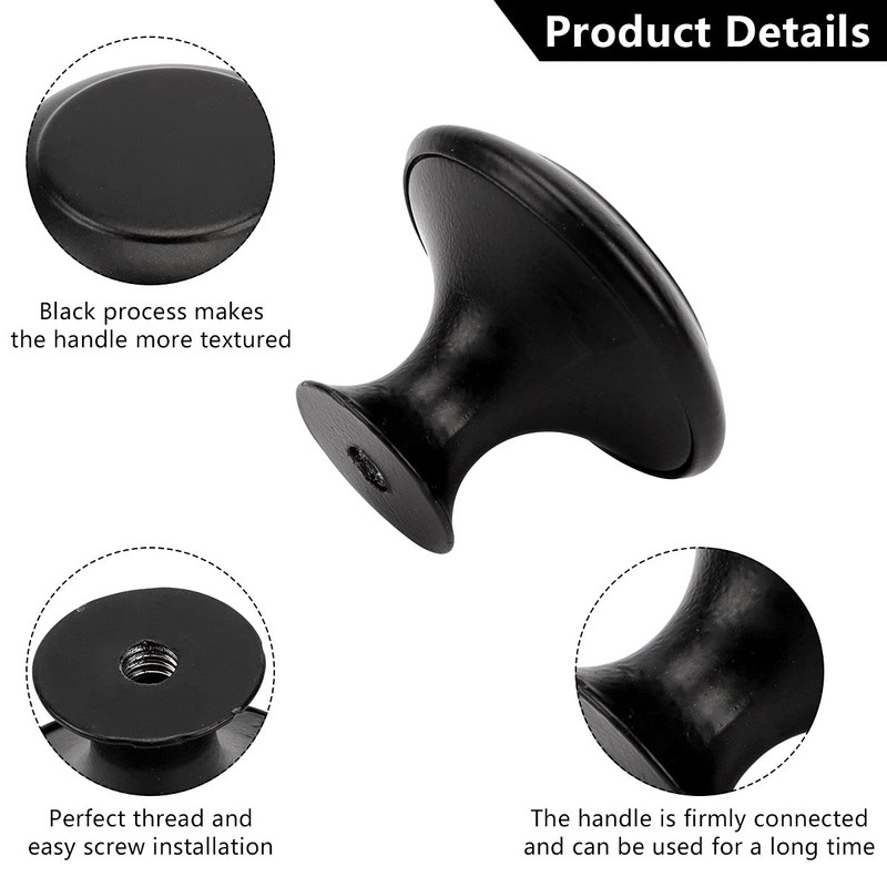Cabinet Knobs, 12Pcs Round Mushroom Drawer Knobs, Matted Black Drawer