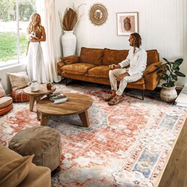 MUJOO 8'x10' Area Rugs for Living Room Large Area Rug Washable Rugs Boho Area Rug 8'x10' for Bedroom Non Slip Abstract Soft Low-Pile Orange Navy Blue Area Rug Floral