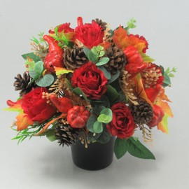 Artificial/Silk Flower Arrangement in Grave pot, 27cm in warm autumn shades with red roses and autumn leaves