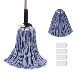 Eyliden String Mop, Wet & Dry Cotton Mop | Non-Touch Replacement, 2 Reusable Heads, 4 Scouring Pads, Adjustable Handle, Home Commercial Floor Cleaning Tools for Any Surfaces (Blue)