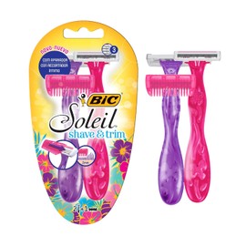 BIC, Soleil Shave & Trim, Rastrillo para Mujer, con Recortador Íntimo ideal para Zona de Bikini, 3 hojas de Acero Inoxidable, Doble banda lubricante con Vitamina E, 2 piezas