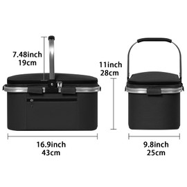 Ogetok 30L Insulated Picnic Basket, Large Shopping Basket, Foldable Thermal Cooler Bag, Cool Box, Foldable Portable Insulated Picnic Basket with Zip Lid and Handle, Black