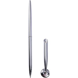 Zhhuoc Guest Pen and Pen Stand, Round Pen Holder Signing Pen Set, Metal Pen Attached to Desk Pen Base Stands for Wedding Office, Office Pens Ballpoint Pens Set