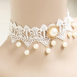 Women's Choker and Bracelet Ring Set, Lace Necklace Gothic Vintage Charm Pendant Beads Jewellery for Women