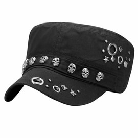 Oversize Cadet Hat Women Hip Hip Punk Rock Rivet Cotton Baseball Caps Big Head Men Army Sun Caps Dad Flat Top Fitted Hats (US, Alpha, One Size, Head 60-62cm, Black 1)