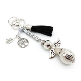 AB Viking Crafts Guardian Angel Pendant for Backpack, Bag, Car, Keys with Tree of Life, Clover Leaf and Engraving Family | Happiness Love Power Family, silver