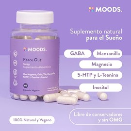 Moods | Suplemento Natural para el Sueño con Magnesio, GABA, Inositol, Manzanilla, 5-HTP y L-Teanina - Pastillas para Dormir - 60 Cápsulas Veganas - Peace Out - Sleep