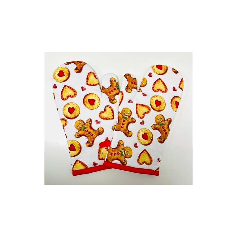 Gingerbread Oven Gloves, Mitts Pair, White with Red Trim